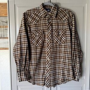 Wrangler Western Plaid Single Stitch Long Sleeve Snap Front Flannel,Brown Blue,M